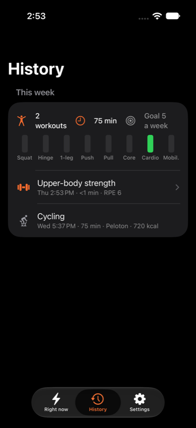 History, showing this week's workouts and a cycling ride from Apple Health