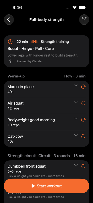 A 22 minute full-body strength plan with a warm-up and a strength circuit