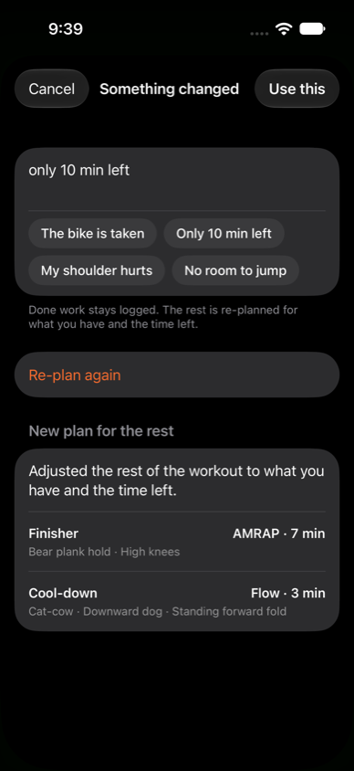 The Something changed screen, with options like the bike is taken and only 10 minutes left